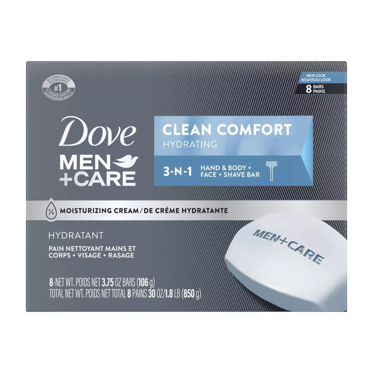 Dove Men+Care Clean Comfort Body & Face Bar Soap - 8Pk - 3.75Oz Each: Paraben-Free, Moisturizing, Normal & Dry Skin