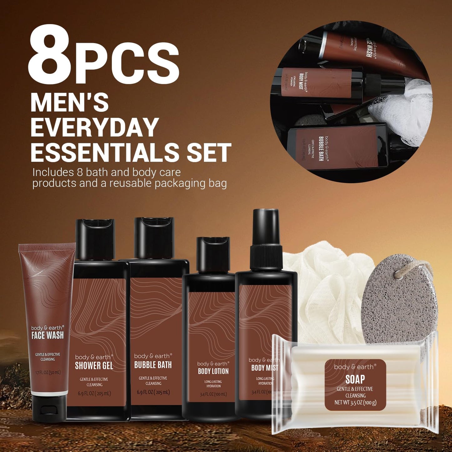 Gift Baskets for Men 8Pc Sandalwood Scented Mens Lotion Gifts for Him Care Package for Men Christmas Gifts for Husband Bath Set Gift Sets for Man Travel Size Toiletries for Men
