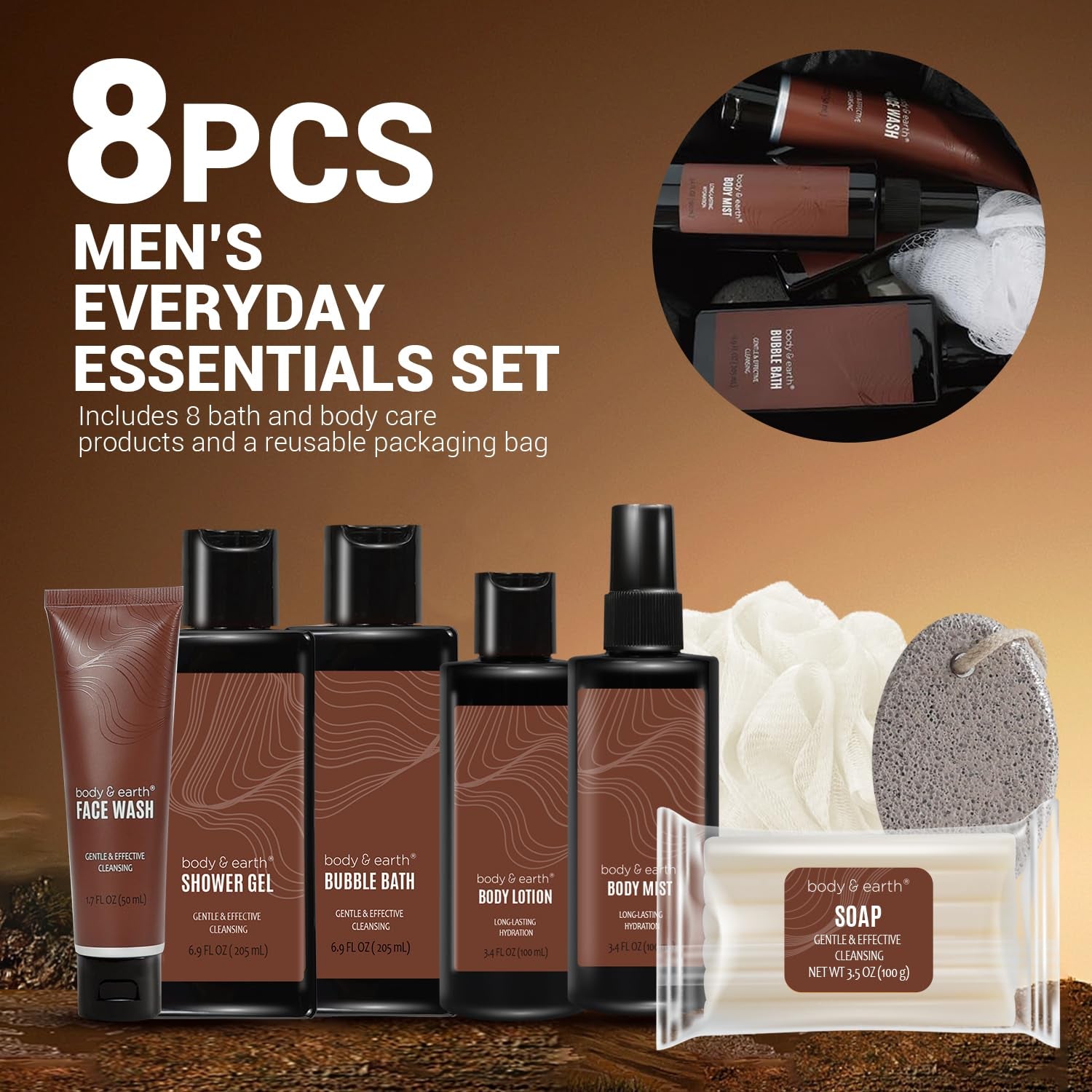 Gift Baskets for Men 8Pc Sandalwood Scented Mens Lotion Gifts for Him Care Package for Men Christmas Gifts for Husband Bath Set Gift Sets for Man Travel Size Toiletries for Men