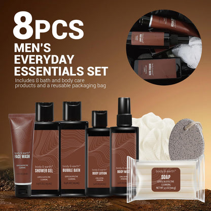Gift Baskets for Men 8Pc Sandalwood Scented Mens Lotion Gifts for Him Care Package for Men Christmas Gifts for Husband Bath Set Gift Sets for Man Travel Size Toiletries for Men