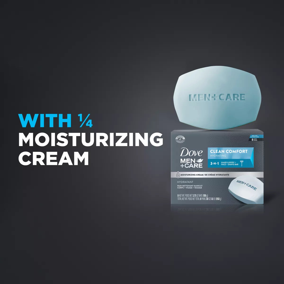 Dove Men+Care Clean Comfort Body & Face Bar Soap - 8Pk - 3.75Oz Each: Paraben-Free, Moisturizing, Normal & Dry Skin